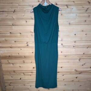 Halara XL Green Mock Neck Sleeveless Cowl Front Midi Dress Elastic Waist Stretch